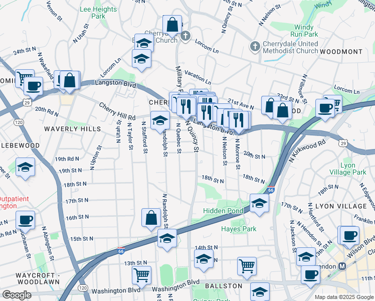 map of restaurants, bars, coffee shops, grocery stores, and more near 4015 20th Street North in Arlington