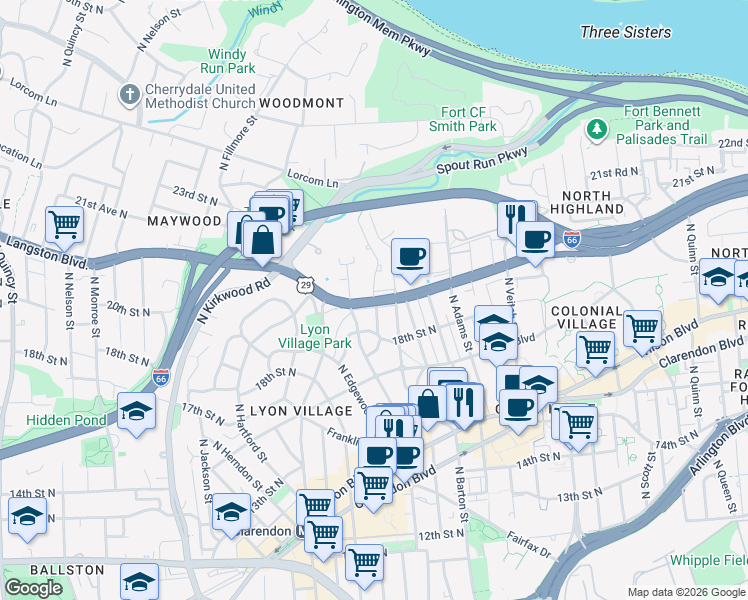 map of restaurants, bars, coffee shops, grocery stores, and more near Lee Highway & North Calvert Street in Arlington
