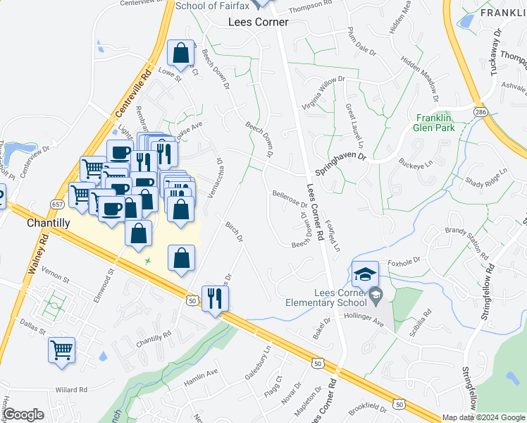 map of restaurants, bars, coffee shops, grocery stores, and more near 3814 Beech Down Drive in Chantilly