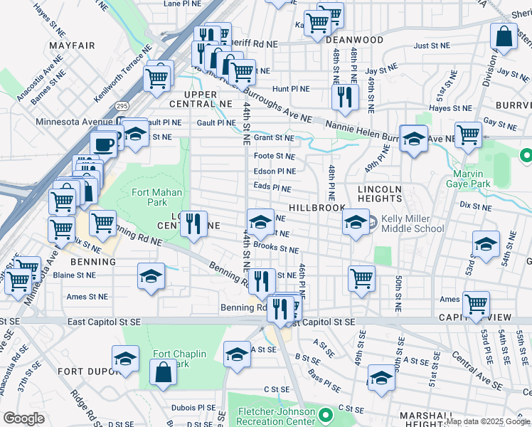 map of restaurants, bars, coffee shops, grocery stores, and more near 4414 Dix Street Northeast in Washington