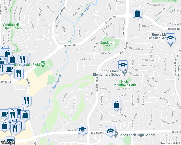 map of restaurants, bars, coffee shops, grocery stores, and more near 4248 Aryshire Lane in Colorado Springs