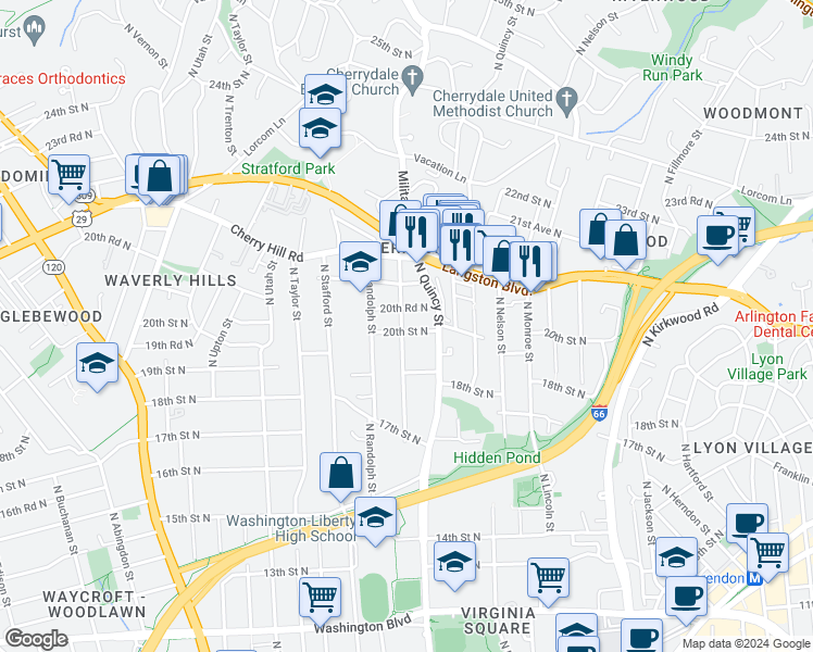 map of restaurants, bars, coffee shops, grocery stores, and more near 4027 20th Street North in Arlington