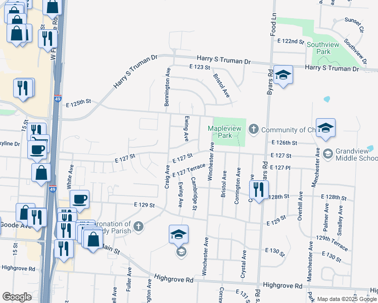 map of restaurants, bars, coffee shops, grocery stores, and more near 6721 East 126th Street in Grandview