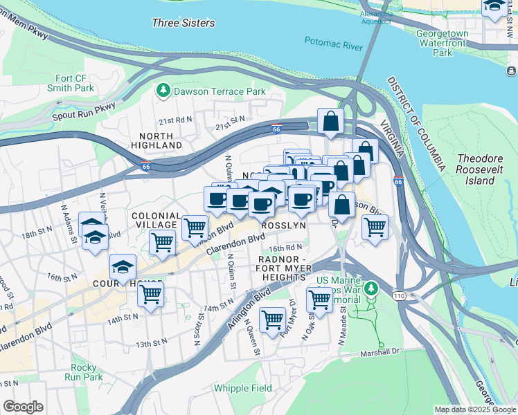 map of restaurants, bars, coffee shops, grocery stores, and more near 101 Independence Avenue Southeast in Washington