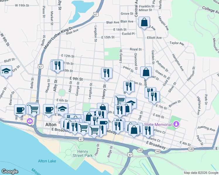 map of restaurants, bars, coffee shops, grocery stores, and more near 610 East 8th Street in Alton
