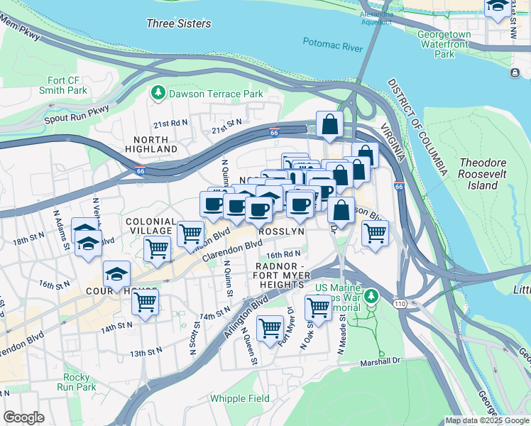 map of restaurants, bars, coffee shops, grocery stores, and more near 1771 North Pierce Street in Arlington