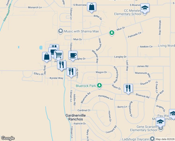 map of restaurants, bars, coffee shops, grocery stores, and more near 772 Wagon Drive in Gardnerville