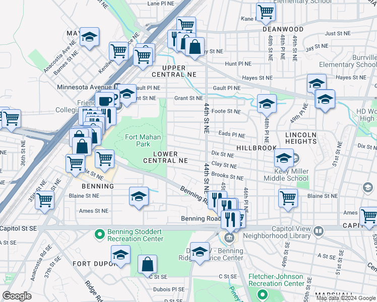 map of restaurants, bars, coffee shops, grocery stores, and more near 4235 Dix Street Northeast in Washington