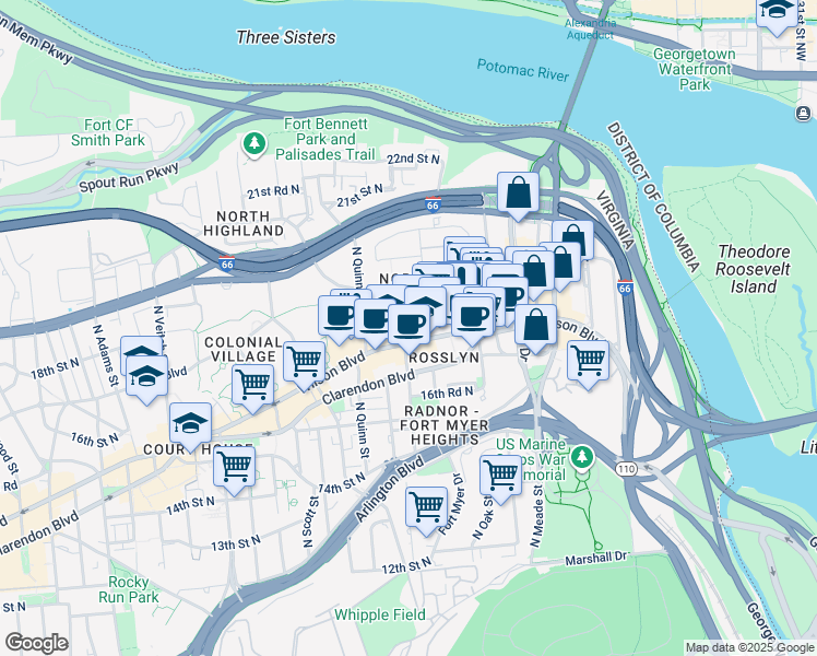 map of restaurants, bars, coffee shops, grocery stores, and more near 1559 Wilson Boulevard in Arlington