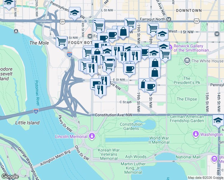 map of restaurants, bars, coffee shops, grocery stores, and more near in Washington