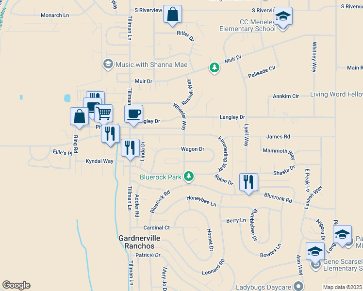 map of restaurants, bars, coffee shops, grocery stores, and more near 784 Wagon Drive in Gardnerville