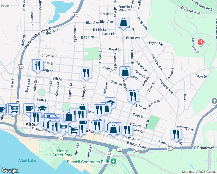 map of restaurants, bars, coffee shops, grocery stores, and more near 800 Ridge Street in Alton