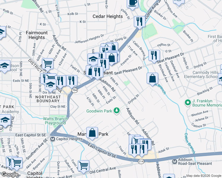 map of restaurants, bars, coffee shops, grocery stores, and more near 101 Independence Avenue Southeast in Washington