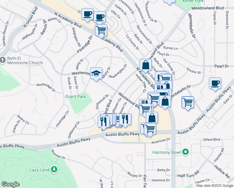 map of restaurants, bars, coffee shops, grocery stores, and more near 3639 Meadowland Boulevard in Colorado Springs