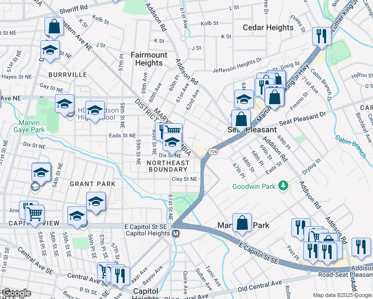 map of restaurants, bars, coffee shops, grocery stores, and more near 416 Eastern Avenue Northeast in Washington