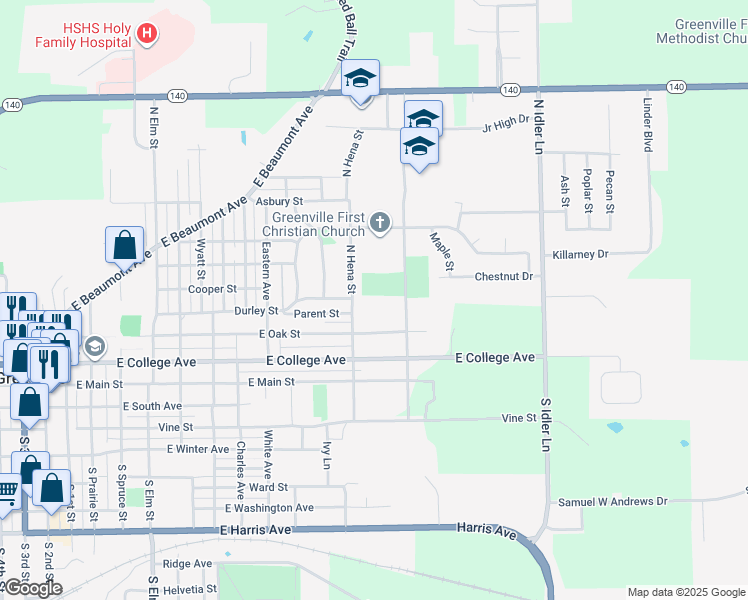 map of restaurants, bars, coffee shops, grocery stores, and more near 300 North Hena Street in Greenville