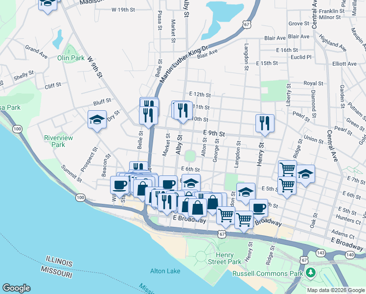 map of restaurants, bars, coffee shops, grocery stores, and more near 723 Alby Street in Alton