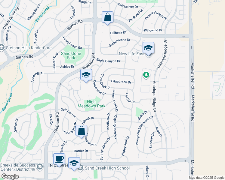 map of restaurants, bars, coffee shops, grocery stores, and more near 4394 Crow Creek Drive in Colorado Springs