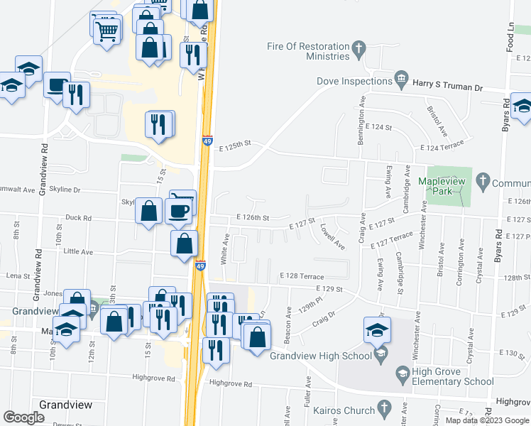 map of restaurants, bars, coffee shops, grocery stores, and more near 6102 East 126th Street in Grandview