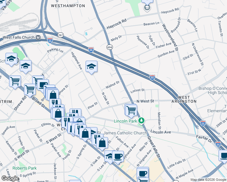 map of restaurants, bars, coffee shops, grocery stores, and more near 2365 Greenwich Street in Falls Church