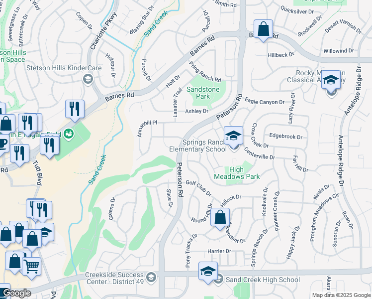 map of restaurants, bars, coffee shops, grocery stores, and more near 4414 Round Hill Drive in Colorado Springs