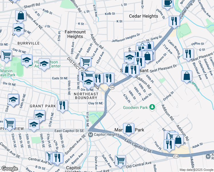map of restaurants, bars, coffee shops, grocery stores, and more near 5600 Martin Luther King Junior Highway in Capitol Heights