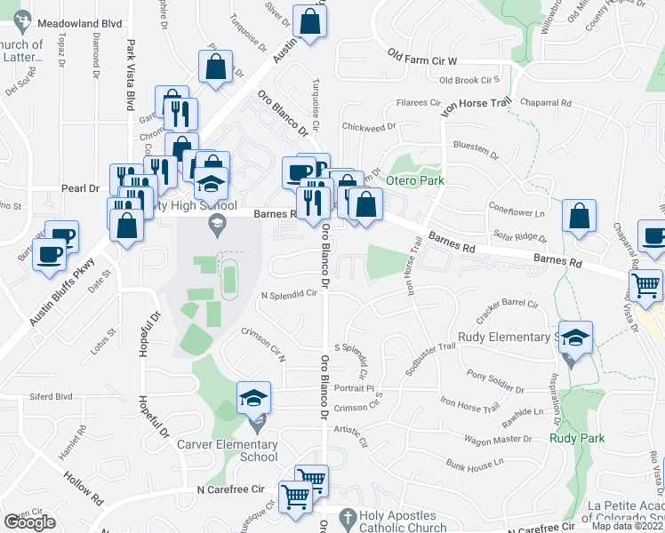 map of restaurants, bars, coffee shops, grocery stores, and more near 4340 Sammers View in Colorado Springs