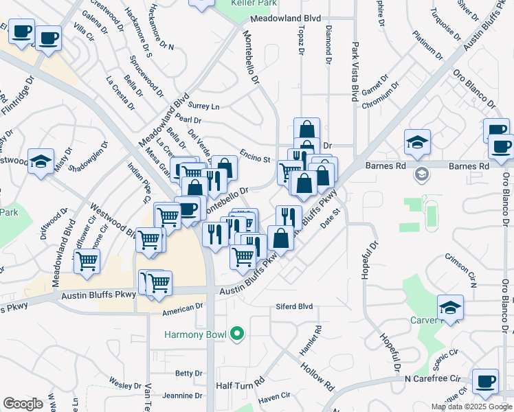 map of restaurants, bars, coffee shops, grocery stores, and more near 4370 Burton Way in Colorado Springs