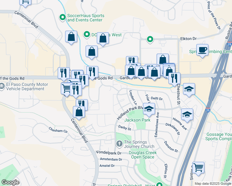 map of restaurants, bars, coffee shops, grocery stores, and more near 4301 Forrest Hill Road in Colorado Springs