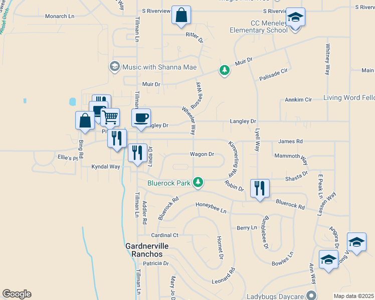 map of restaurants, bars, coffee shops, grocery stores, and more near 784 Wagon Drive in Gardnerville