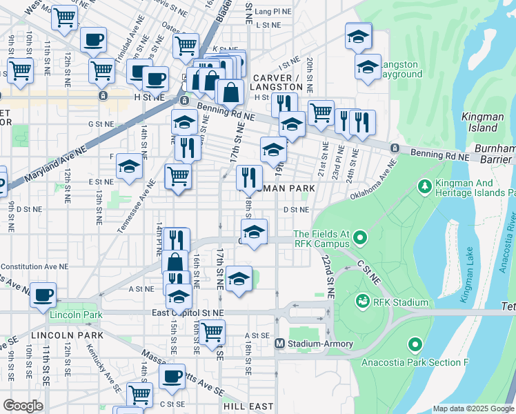 map of restaurants, bars, coffee shops, grocery stores, and more near 101 Independence Avenue Southeast in Washington