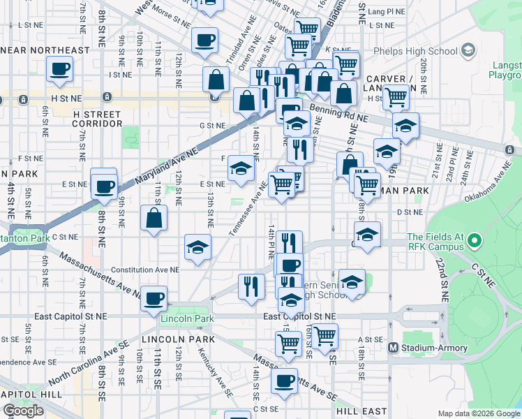 map of restaurants, bars, coffee shops, grocery stores, and more near 101 Independence Avenue Southeast in Washington
