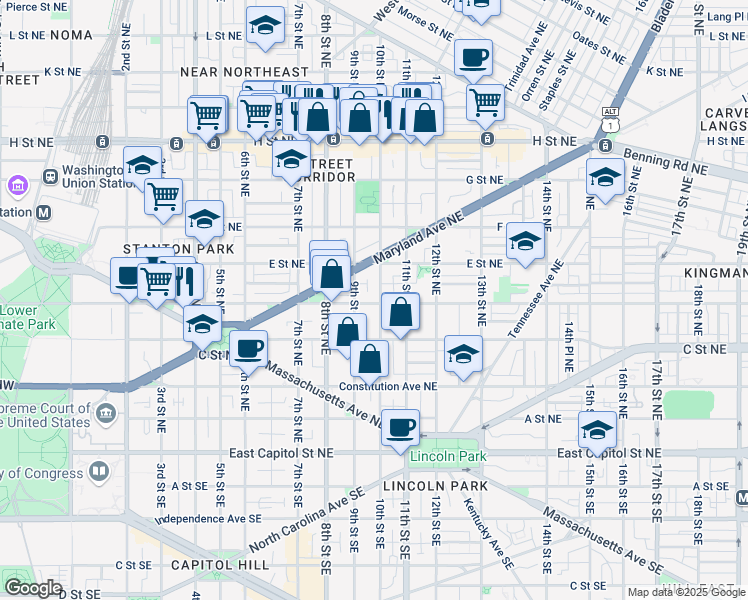 map of restaurants, bars, coffee shops, grocery stores, and more near 101 Independence Avenue Southeast in Washington