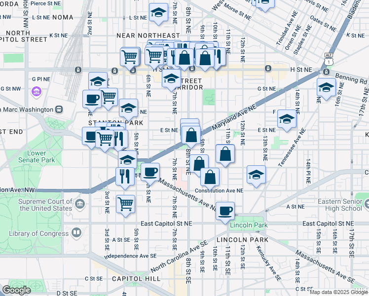 map of restaurants, bars, coffee shops, grocery stores, and more near in Washington