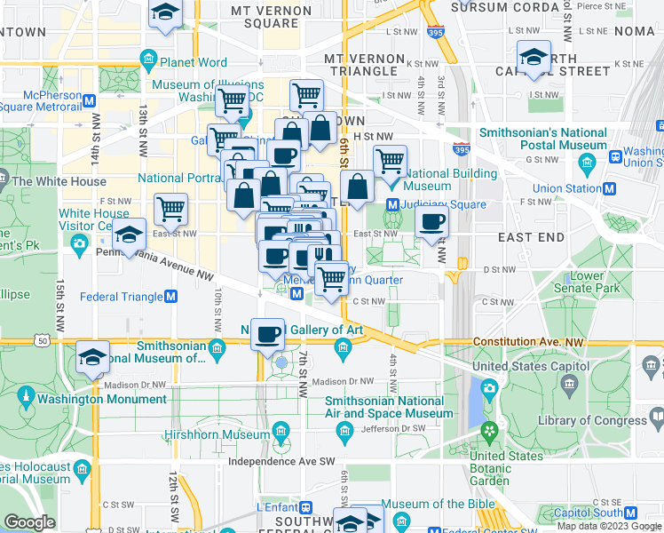 map of restaurants, bars, coffee shops, grocery stores, and more near 101 Independence Avenue Southeast in Washington
