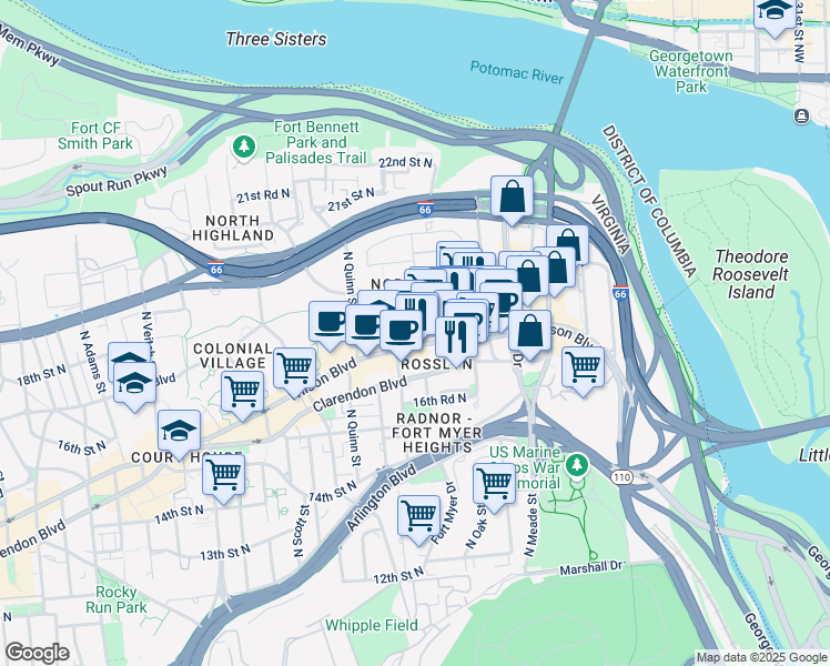 map of restaurants, bars, coffee shops, grocery stores, and more near 101 Independence Avenue Southeast in Washington