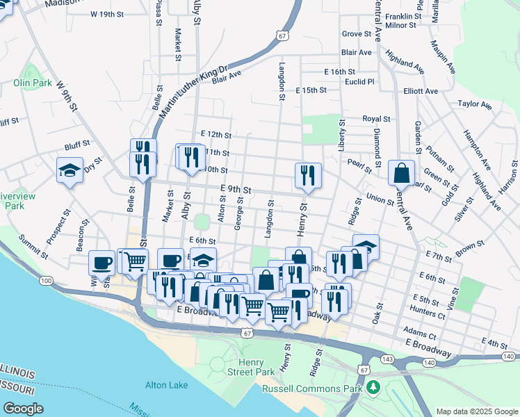 map of restaurants, bars, coffee shops, grocery stores, and more near 802 Langdon Street in Alton