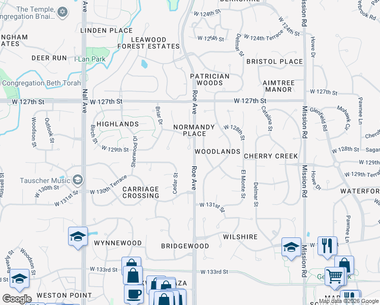 map of restaurants, bars, coffee shops, grocery stores, and more near 12856 Granada Lane in Leawood