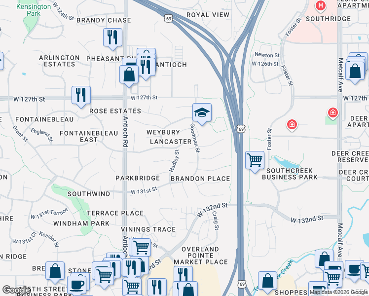 map of restaurants, bars, coffee shops, grocery stores, and more near 12801 Hadley Street in Overland Park