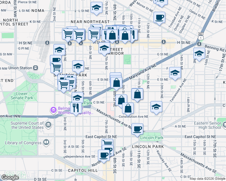 map of restaurants, bars, coffee shops, grocery stores, and more near 101 Independence Avenue Southeast in Washington