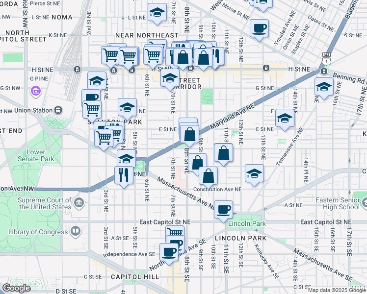 map of restaurants, bars, coffee shops, grocery stores, and more near 101 Independence Avenue Southeast in Washington