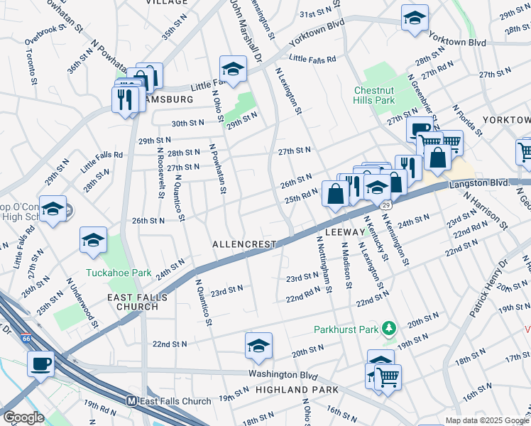 map of restaurants, bars, coffee shops, grocery stores, and more near 6048 25th Road North in Arlington