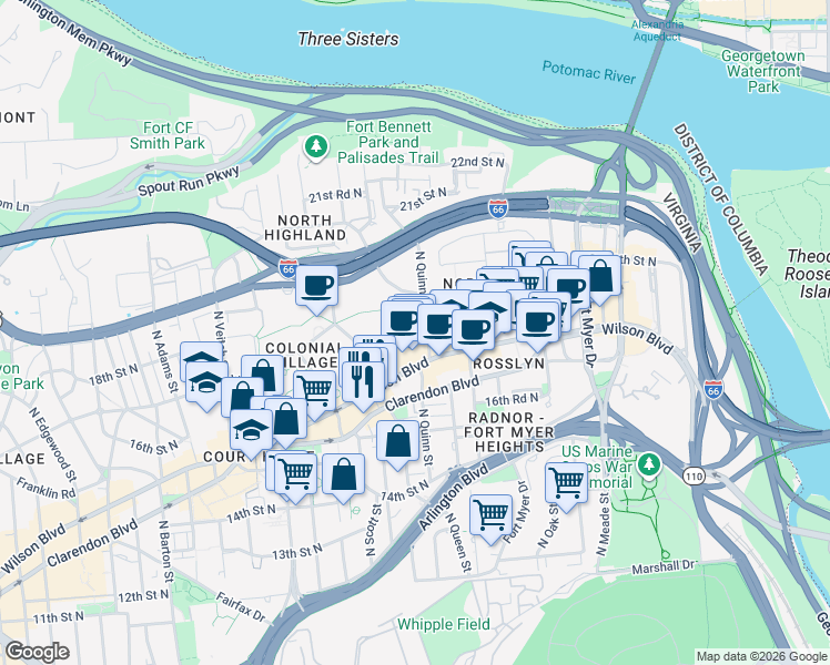 map of restaurants, bars, coffee shops, grocery stores, and more near 1804 North Quinn Street in Arlington