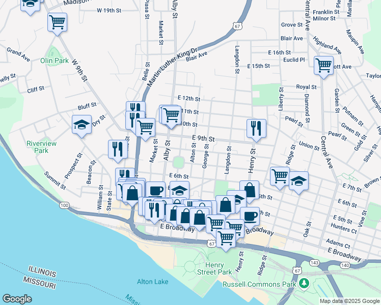 map of restaurants, bars, coffee shops, grocery stores, and more near 229 East 8th Street in Alton