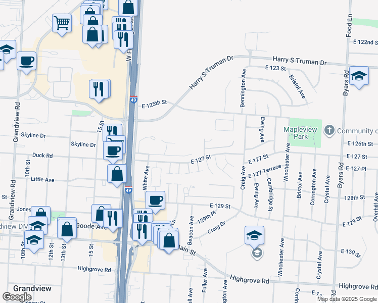 map of restaurants, bars, coffee shops, grocery stores, and more near 6202 East 126th Street in Grandview
