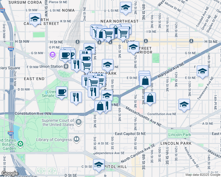 map of restaurants, bars, coffee shops, grocery stores, and more near 410 5th Street Northeast in Washington