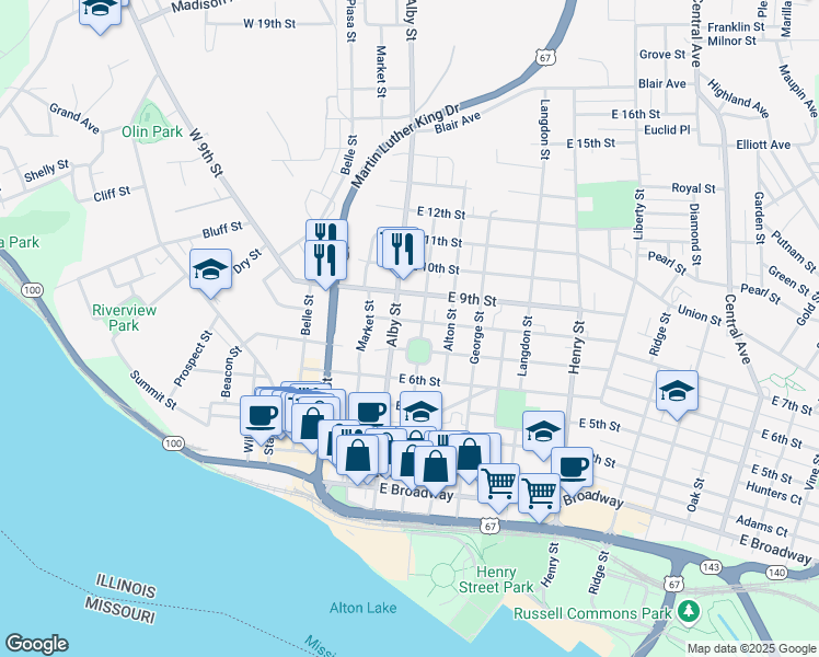 map of restaurants, bars, coffee shops, grocery stores, and more near 100 East 8th Street in Alton