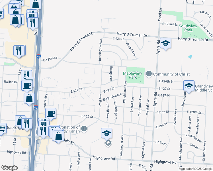 map of restaurants, bars, coffee shops, grocery stores, and more near 6721 East 126th Street in Grandview