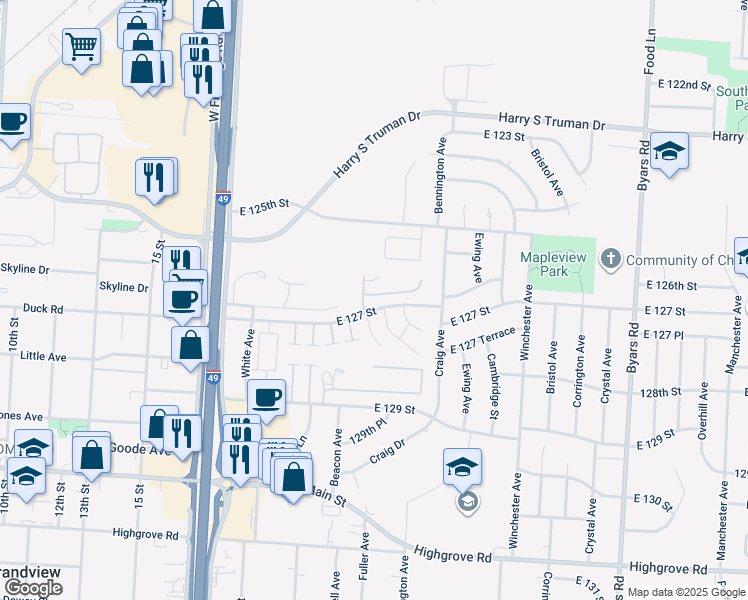 map of restaurants, bars, coffee shops, grocery stores, and more near 12625 Lemon Tree Lane in Grandview