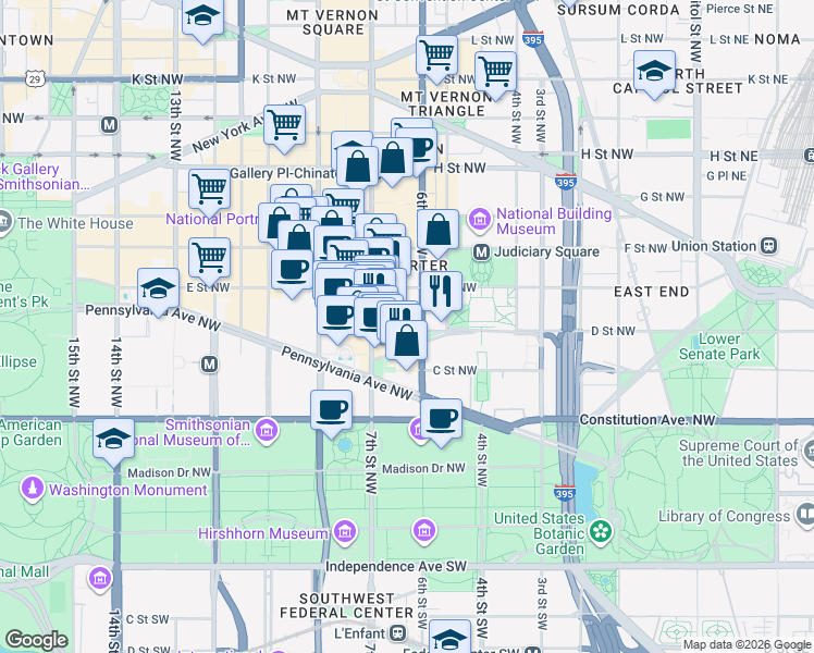 map of restaurants, bars, coffee shops, grocery stores, and more near 101 Independence Avenue Southeast in Washington